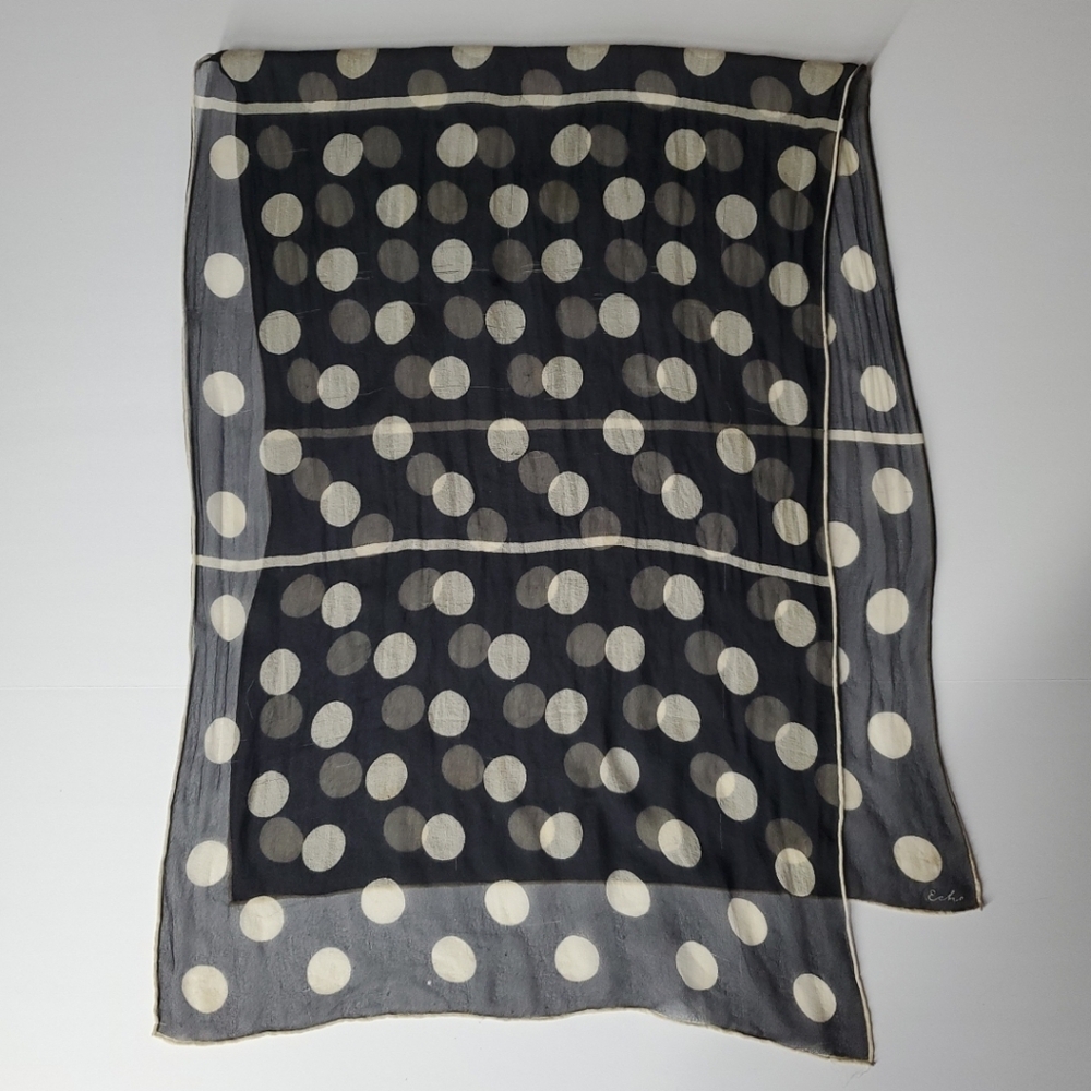 Vtg Silk Scarf ECHO Hand Rolled Script Logo BLACK WHITE DOTS Rectangle 40 X 12"